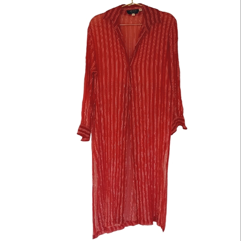 Dilemma Dhun Shroff Cover Up Size M Silver Red Coral Stripe Sheer Button Down